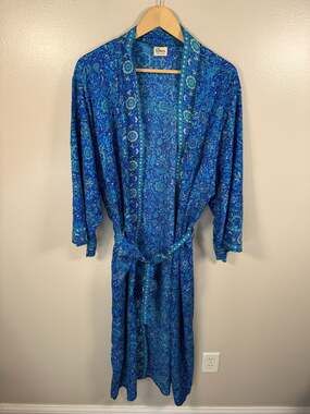 Rhea Silk Blend Kimono Robe Womens Blue Paisley Floral Duster Dressing Gown OS